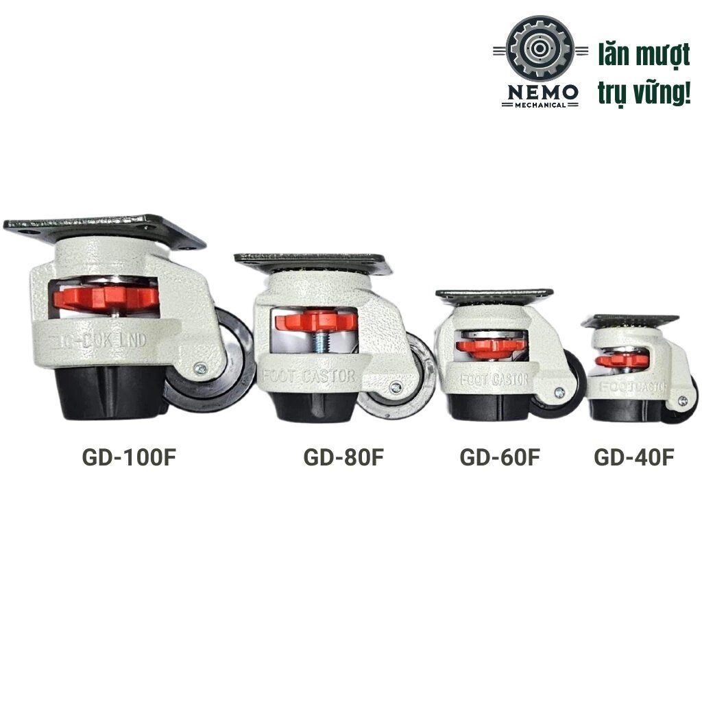 Bánh xe liền chân tăng chỉnh độ cao/thấp cho thiết bị y tế, bàn máy, tủ điện, tải trọng 50-750kg